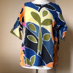 NEW Silk Tropical Print Boho Top Blue Multi Sz S/M